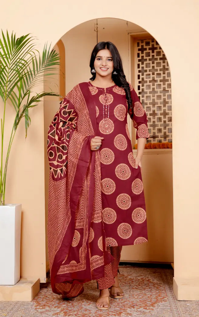 Rust Pure Cotton Kurti Bottom and Dupatta Set