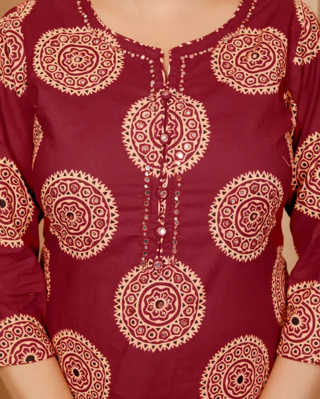 Rust Pure Cotton Kurti Bottom and Dupatta Set