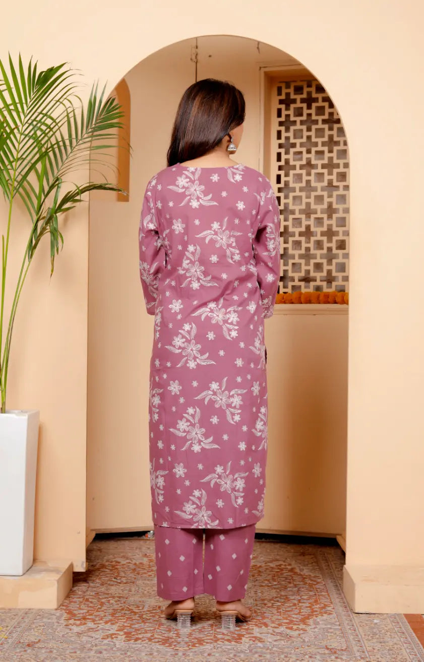Lavendar Pure Cotton Kurti Bottom and Dupatta Set