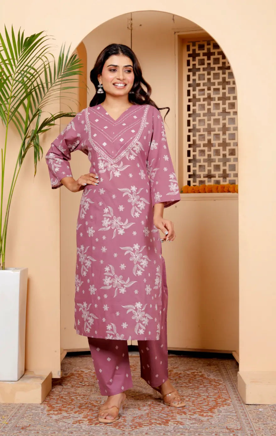 Lavendar Pure Cotton Kurti Bottom and Dupatta Set