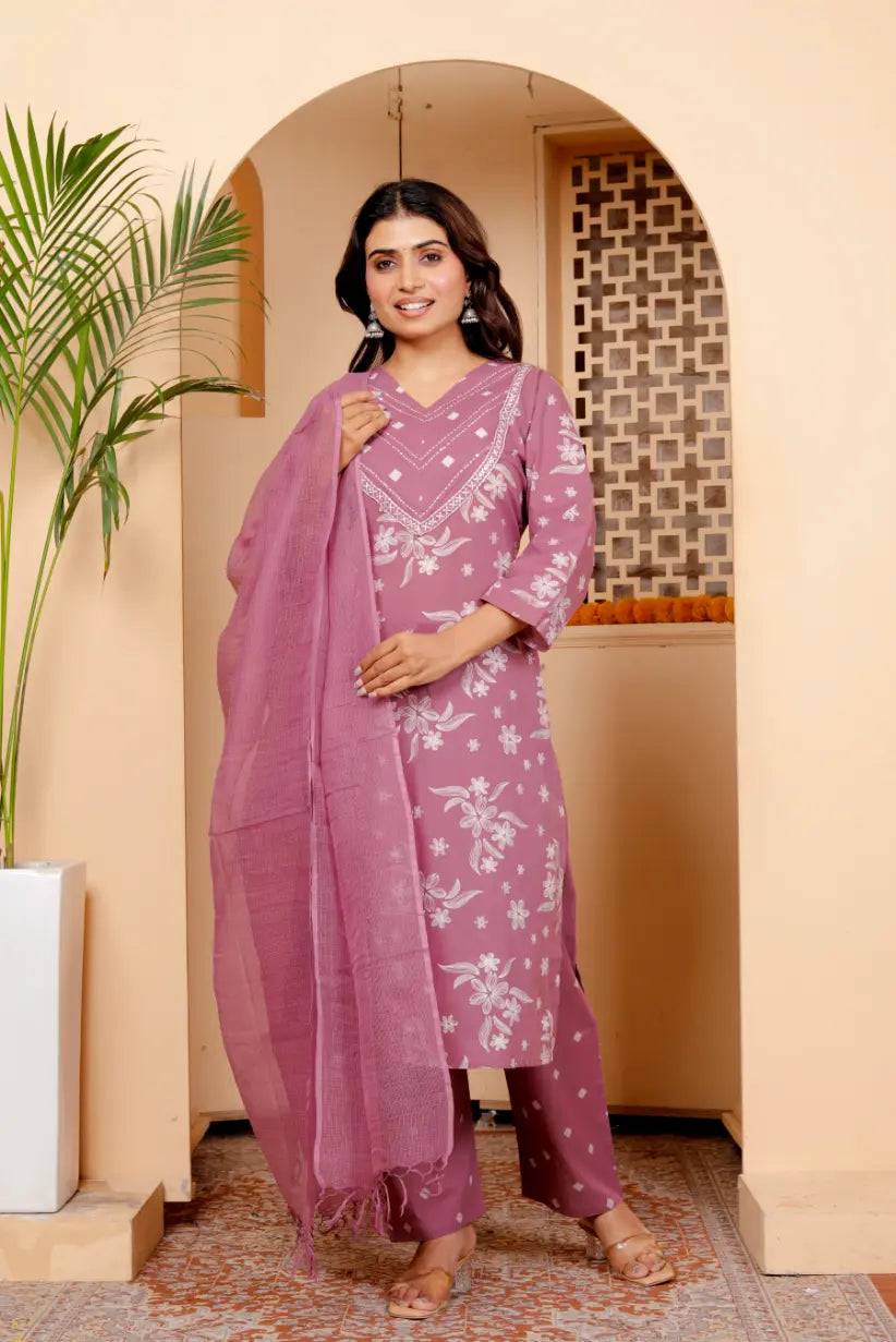 Lavendar Pure Cotton Kurti Bottom and Dupatta Set