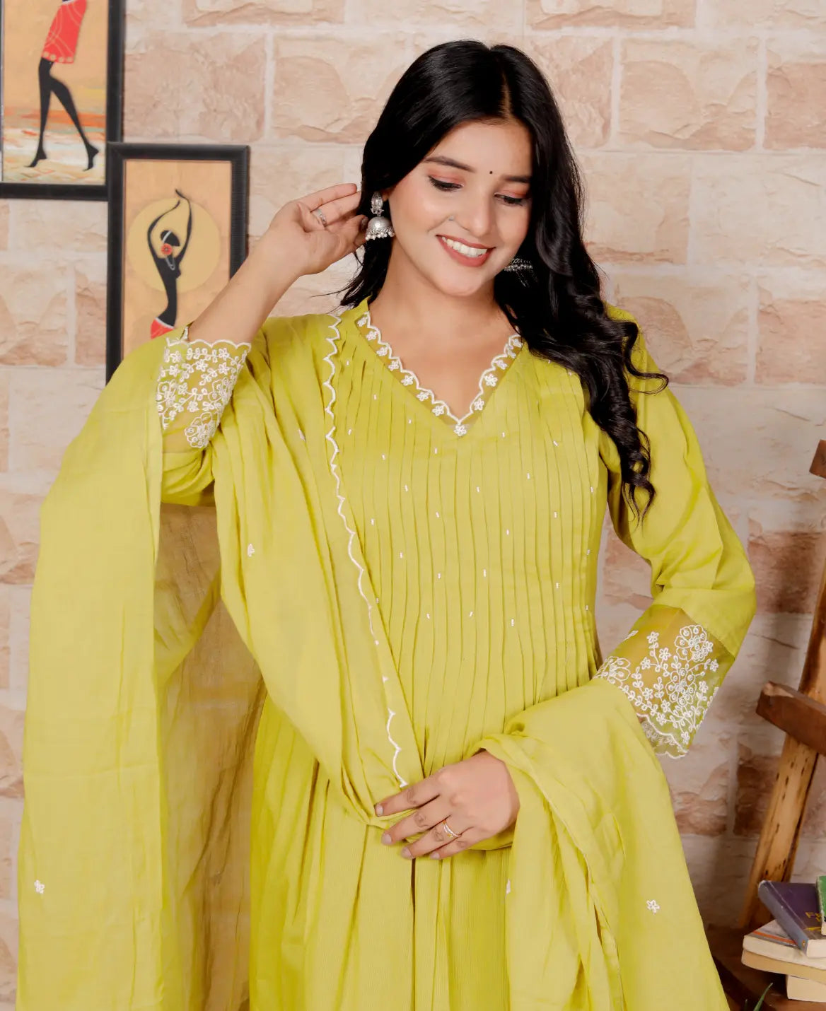 Parrot Green Pure Cotton Kurti Bottom and Dupatta Set