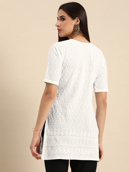 White Floral Chikankari Embroidered Pure Cotton Kurti