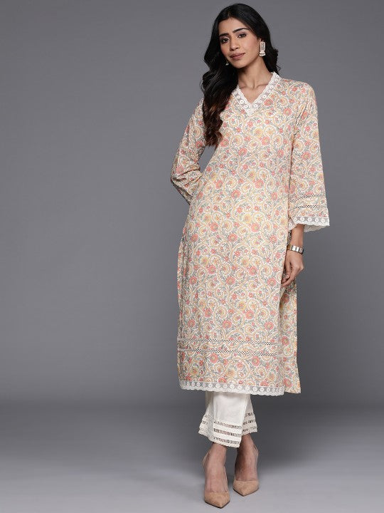 Off white ethnic floral printed V Neck flared sleeves lace pure cotton kurta