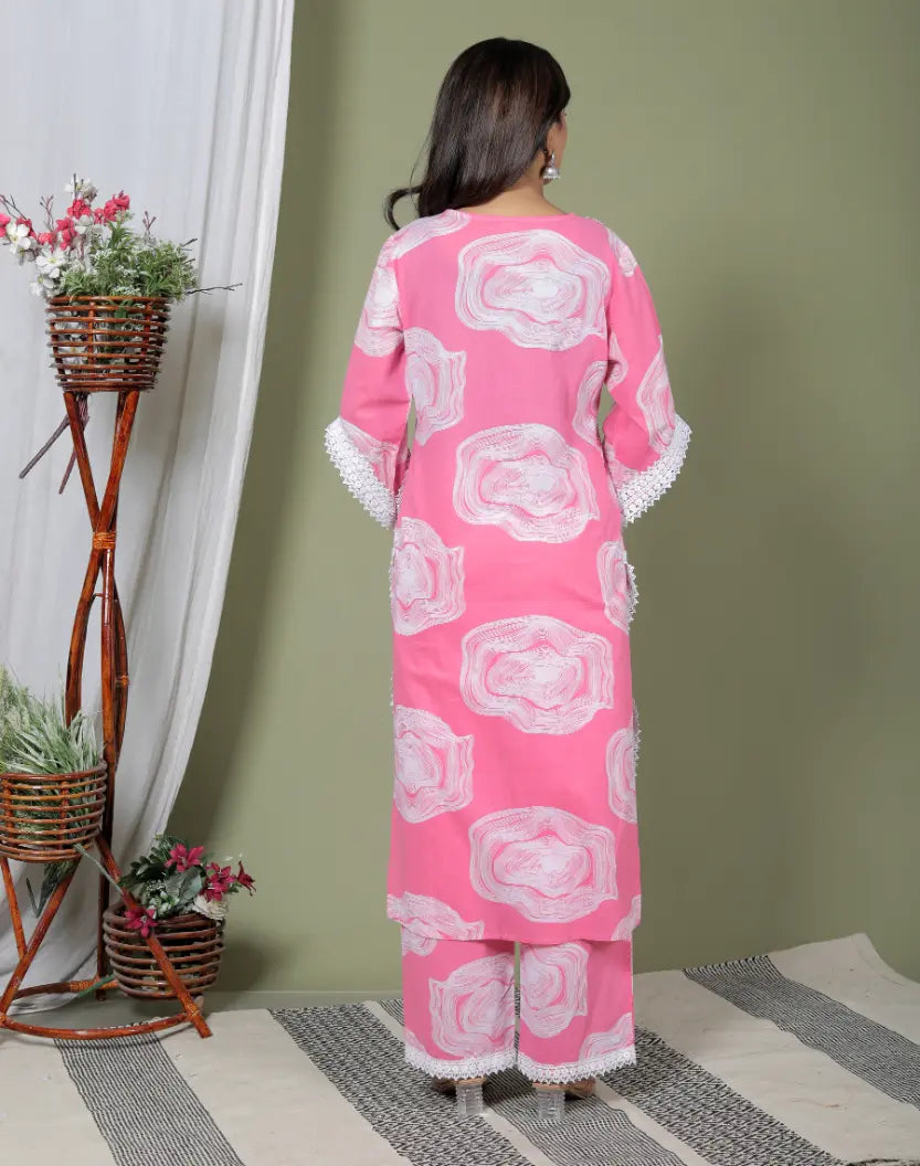 Pink Pure Cotton Kurti Bottom and Dupatta Set