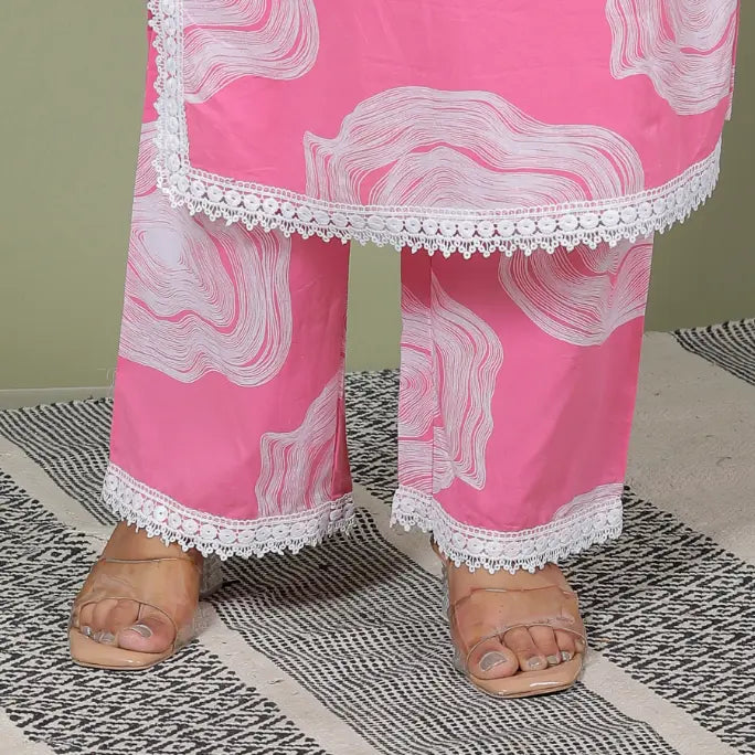 Pink Pure Cotton Kurti Bottom and Dupatta Set