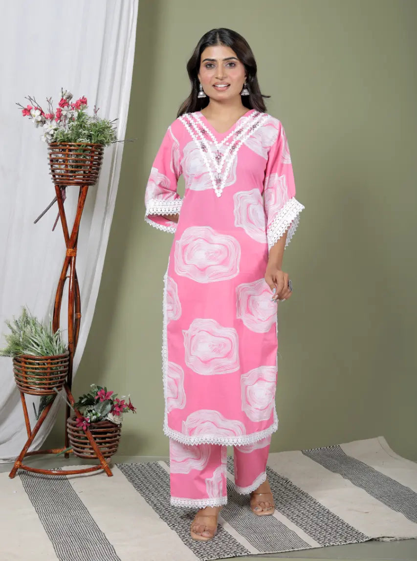 Pink Pure Cotton Kurti Bottom and Dupatta Set