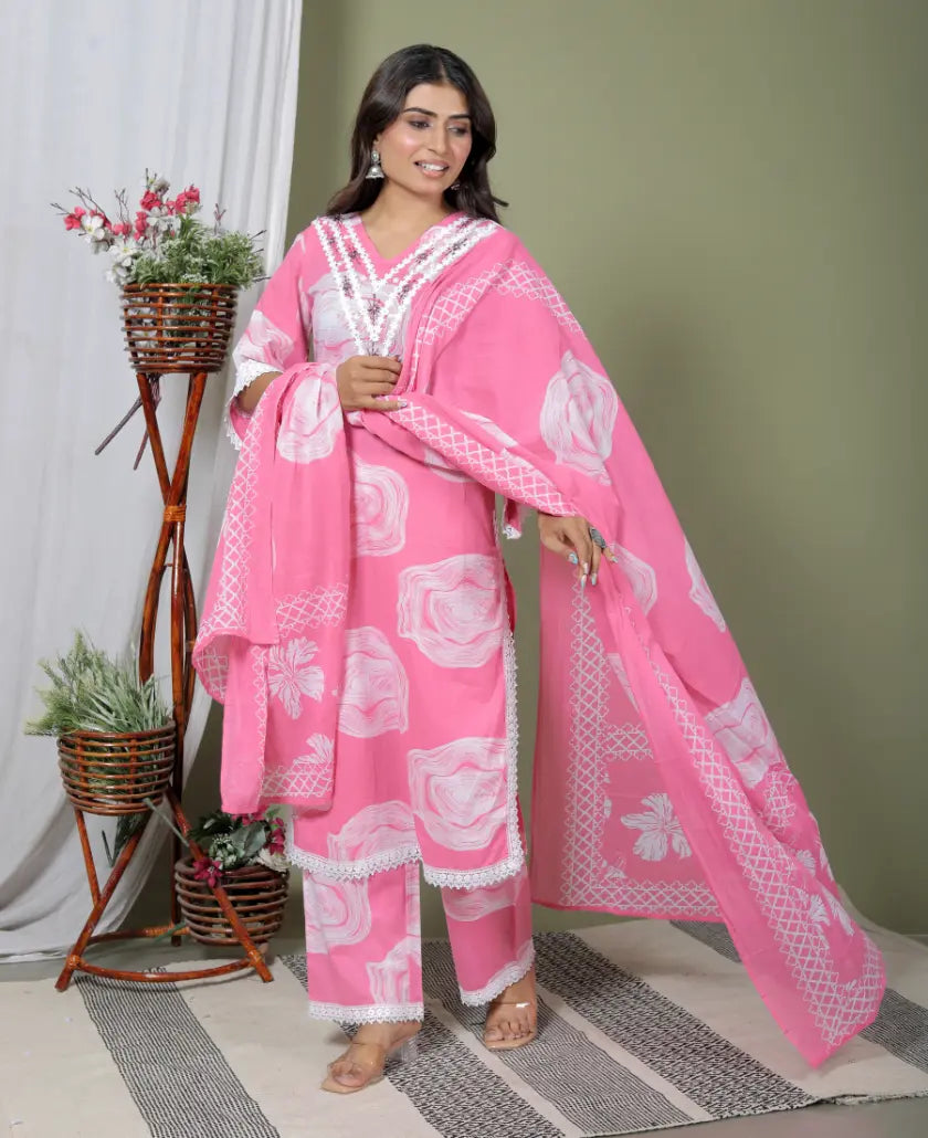 Pink Pure Cotton Kurti Bottom and Dupatta Set
