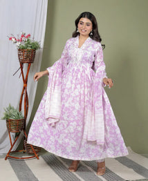 Lavendar Pure Cotton Kurti Bottom and Dupatta Set