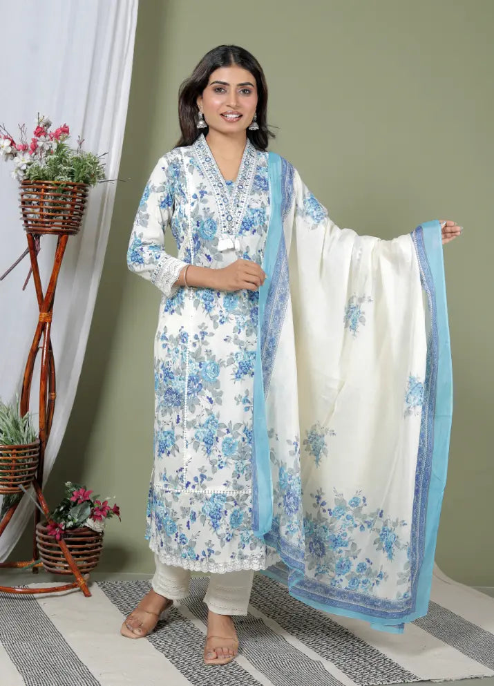 Light Blue Pure Cotton Kurti Bottom and Dupatta Set