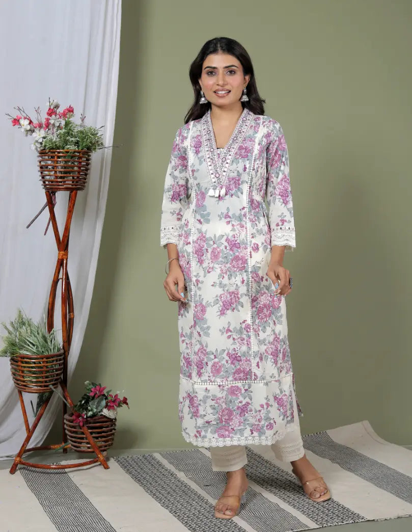 Lavender Pure Cotton Kurti Bottom and Dupatta Set