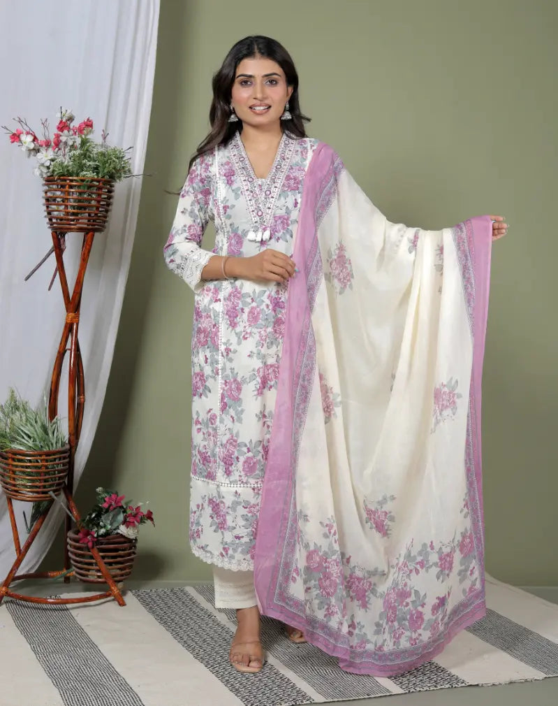 Lavender Pure Cotton Kurti Bottom and Dupatta Set