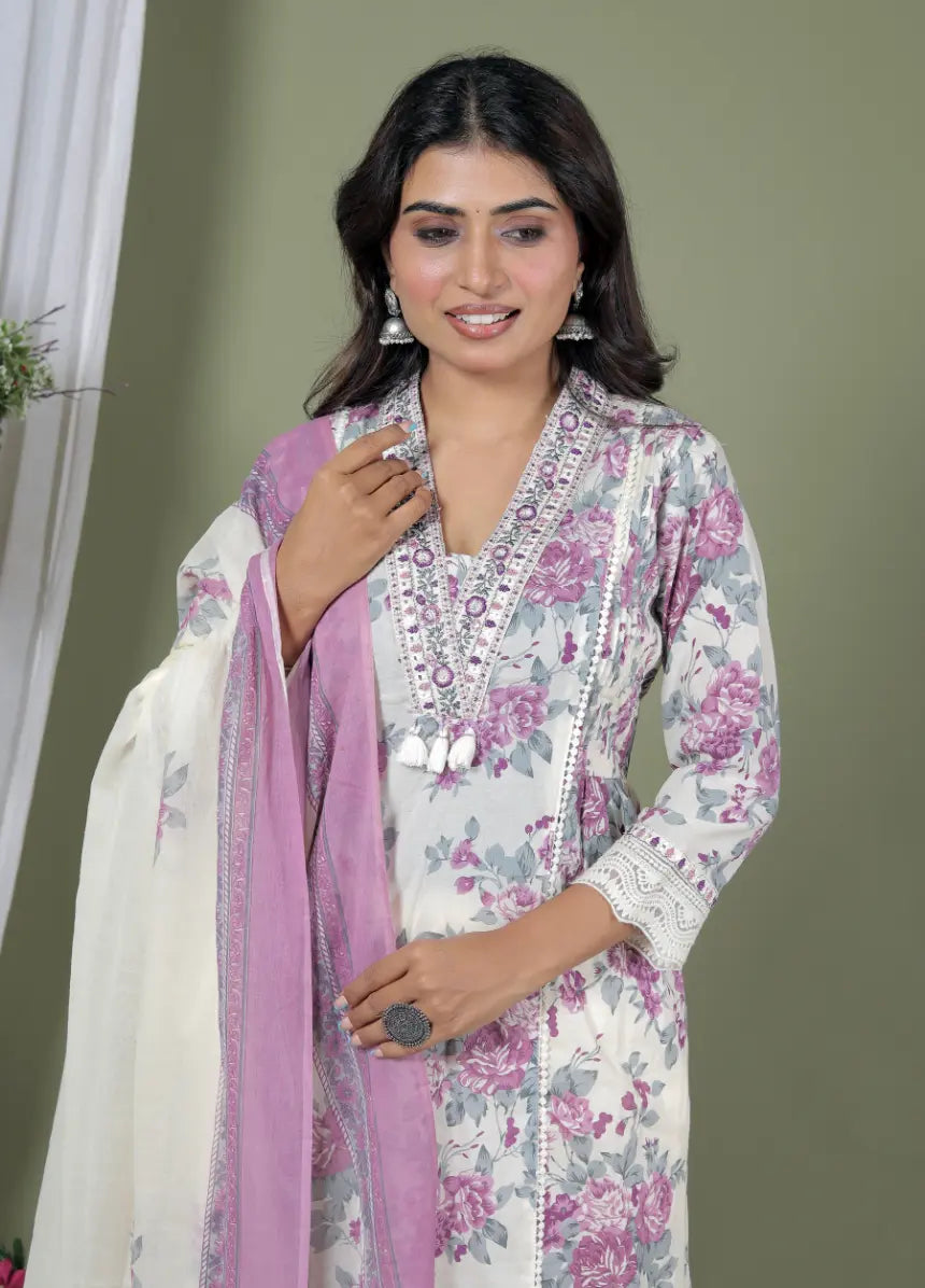 Lavender Pure Cotton Kurti Bottom and Dupatta Set