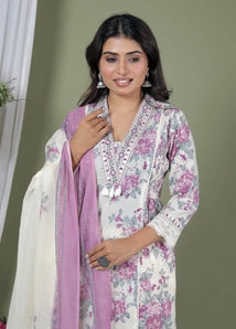 Lavender Pure Cotton Kurti Bottom and Dupatta Set
