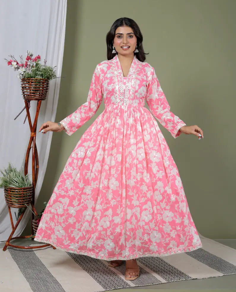 Pink Pure Cotton Kurti Bottom and Dupatta Set