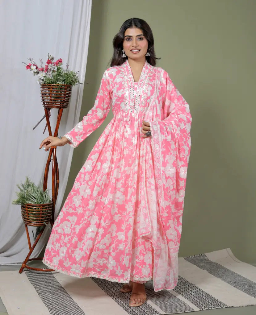 Pink Pure Cotton Kurti Bottom and Dupatta Set