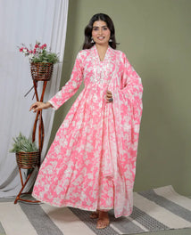 Pink Pure Cotton Kurti Bottom and Dupatta Set