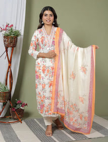 Peach Cotton Kurti Bottom and Dupatta Set