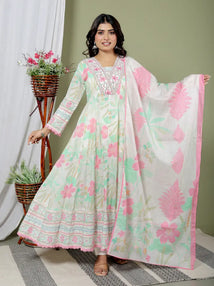 Pink And Blue Cotton Kurti Bottom and Dupatta Set