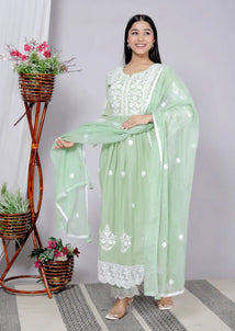 Pista Green Cotton Kurti Bottom and Dupatta Set