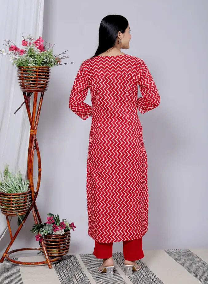 Red Cotton Kurti Bottom and Dupatta Set