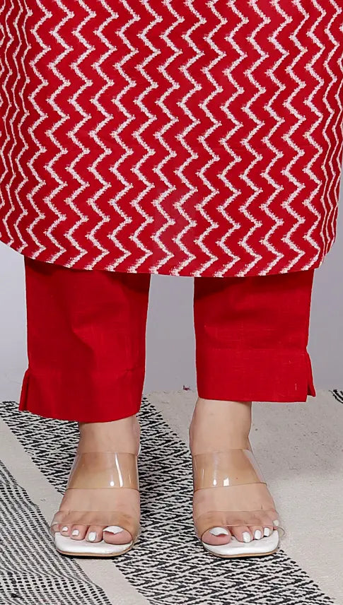 Red Cotton Kurti Bottom and Dupatta Set