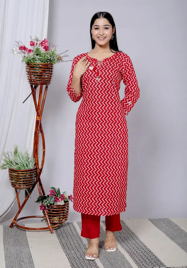 Red Cotton Kurti Bottom and Dupatta Set