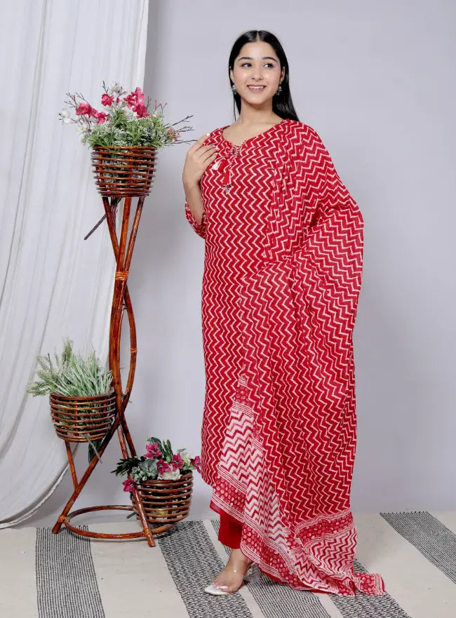 Red Cotton Kurti Bottom and Dupatta Set