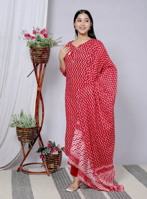 Red Cotton Kurti Bottom and Dupatta Set