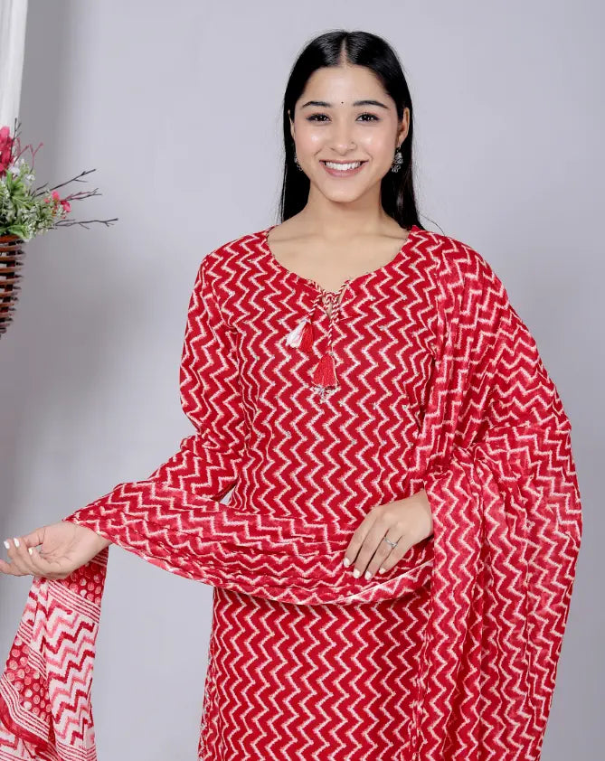 Red Cotton Kurti Bottom and Dupatta Set