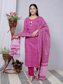 Purple Cotton Kurti Bottom and Dupatta Set