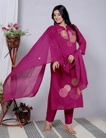 Wine Cotton Kurti Bottom and Dupatta Set