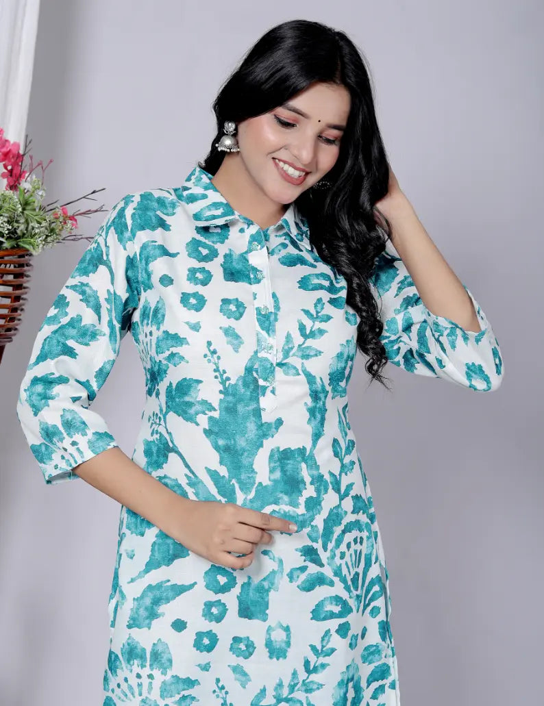 Blue Pure Cotton Kurti and Bottom Set