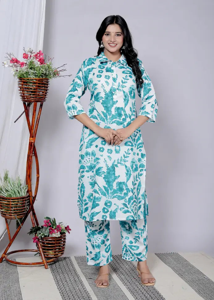 Blue Pure Cotton Kurti and Bottom Set