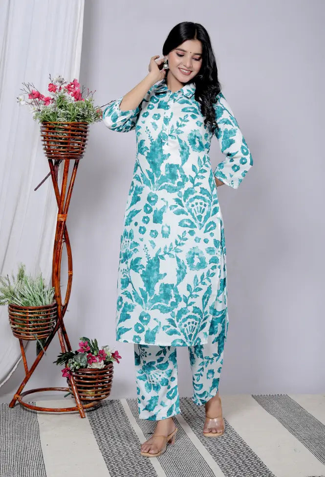Blue Pure Cotton Kurti and Bottom Set