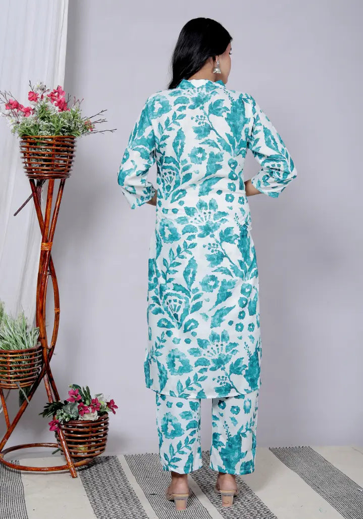 Blue Pure Cotton Kurti and Bottom Set