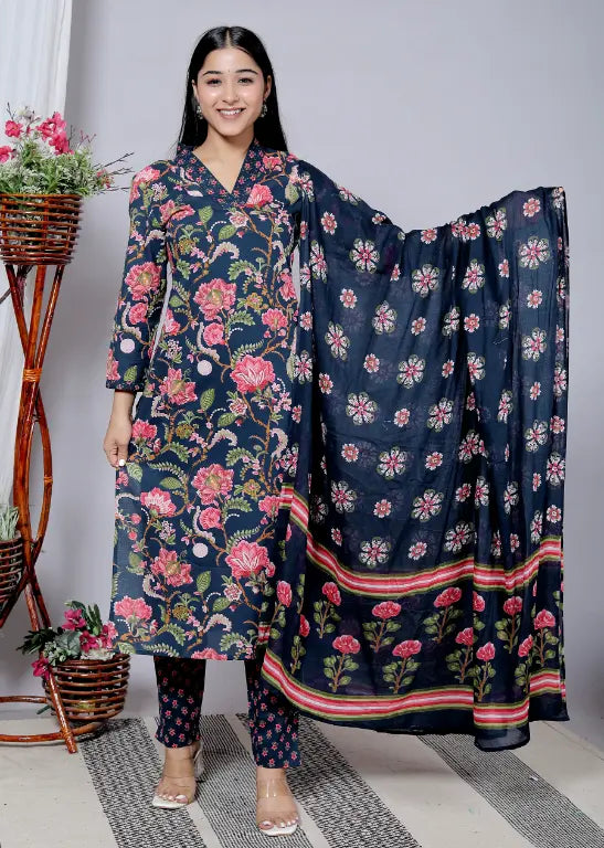 Navy  BlueCotton Kurti Bottom and Dupatta Set