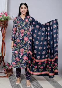Navy  BlueCotton Kurti Bottom and Dupatta Set