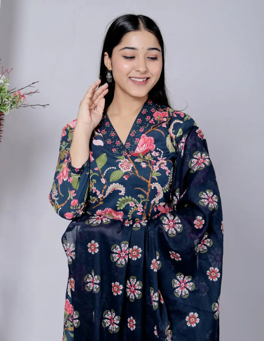Navy  BlueCotton Kurti Bottom and Dupatta Set