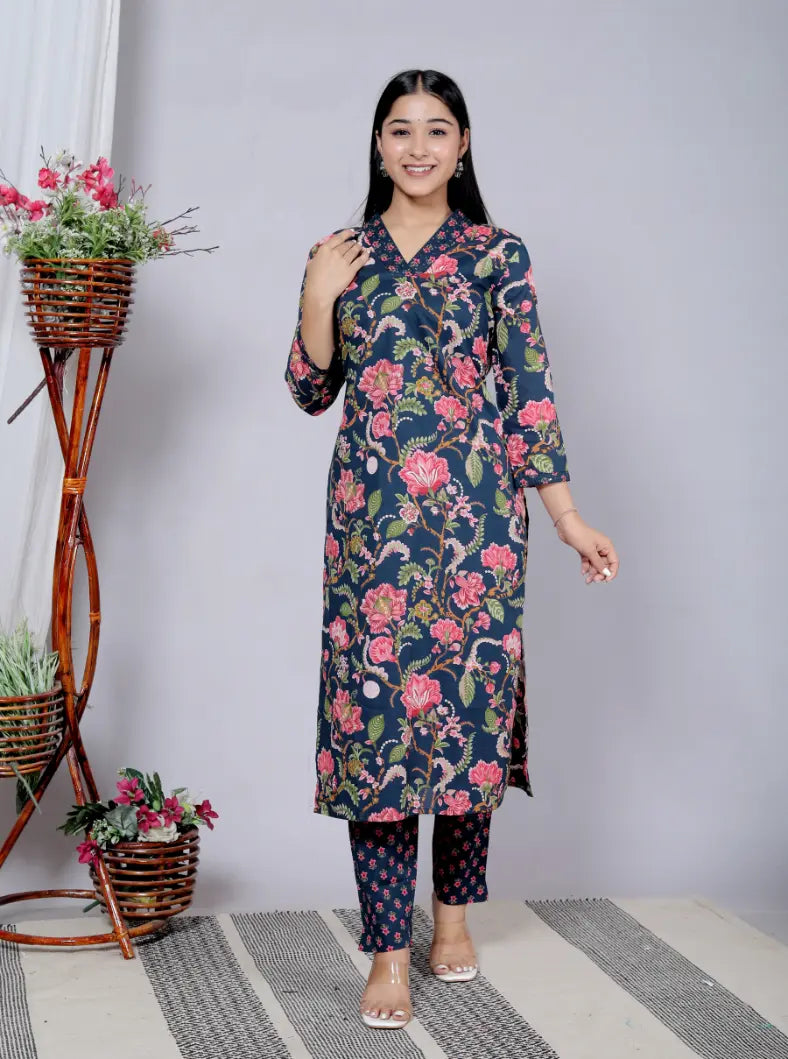Navy  BlueCotton Kurti Bottom and Dupatta Set