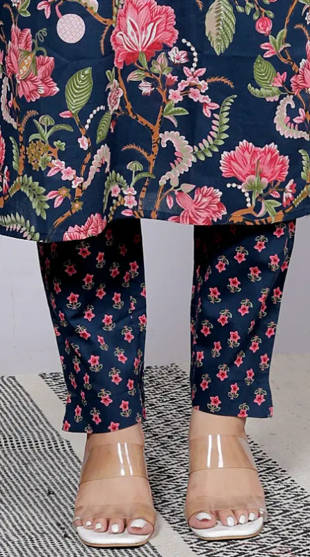 Navy  BlueCotton Kurti Bottom and Dupatta Set