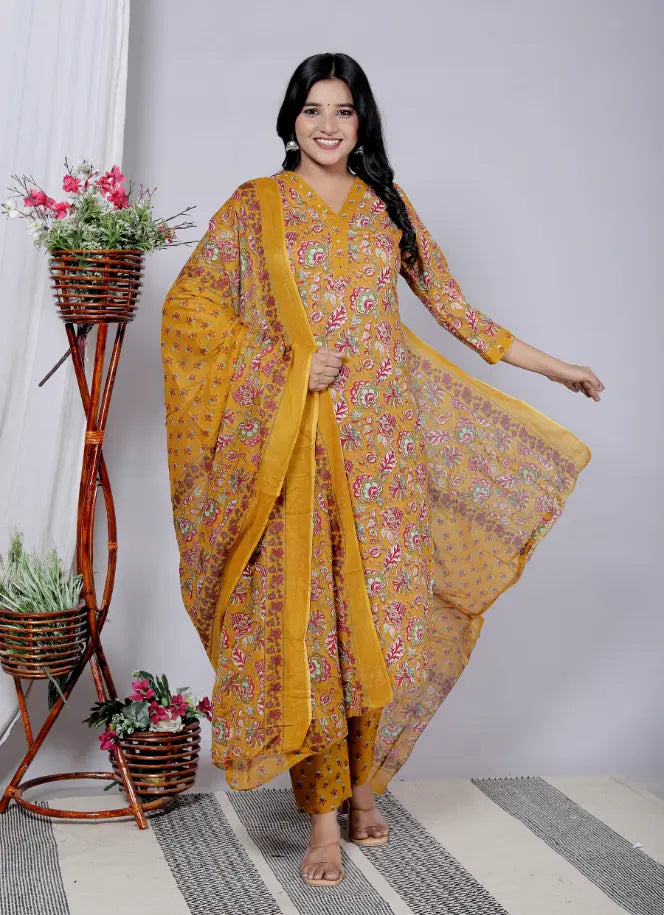 Mustard Cotton Kurti Bottom and Dupatta Set
