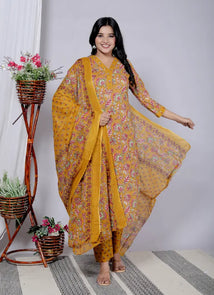 Mustard Cotton Kurti Bottom and Dupatta Set