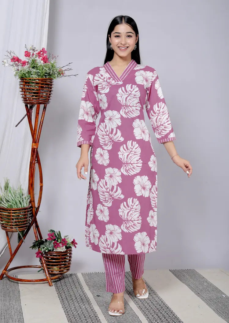 Dark Lavendar Cotton Kurti Bottom and Dupatta Set