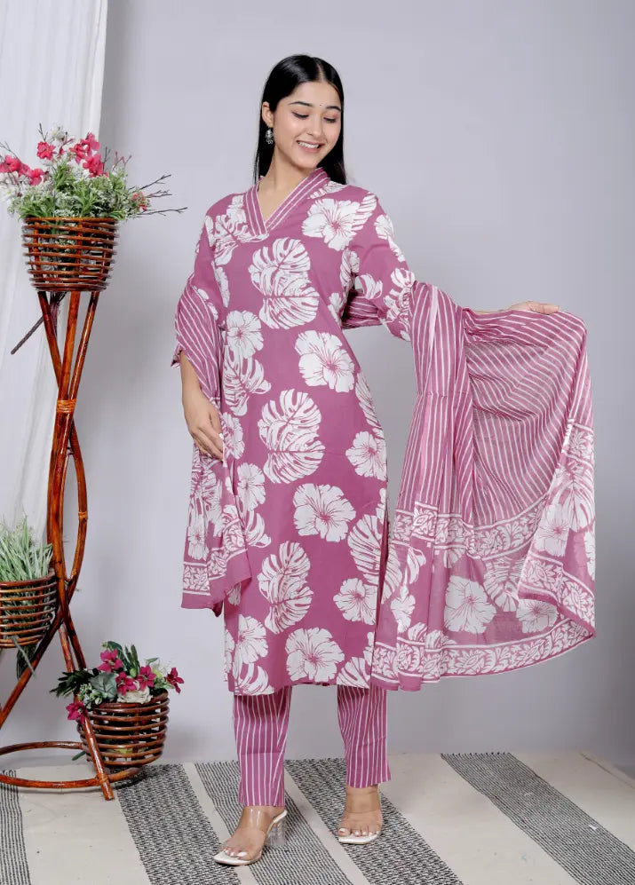 Dark Lavendar Cotton Kurti Bottom and Dupatta Set