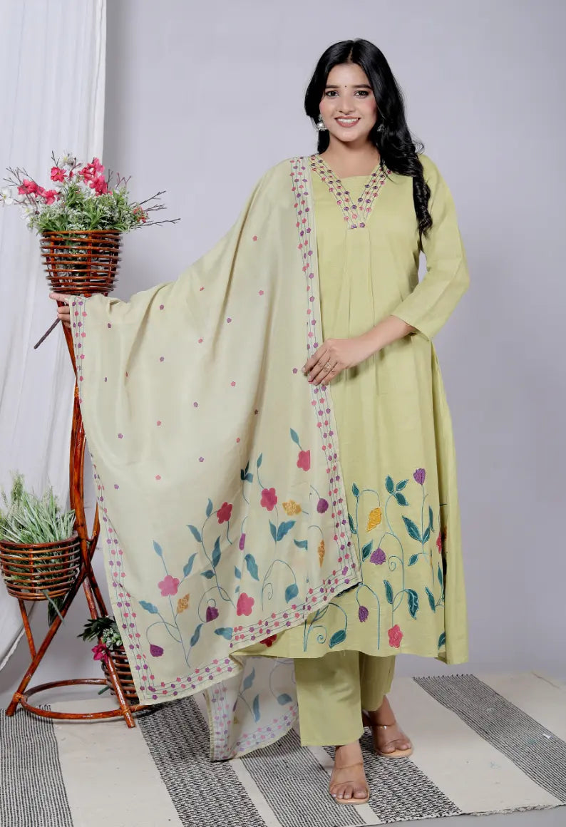 Pista Green Cotton Kurti Bottom and Dupatta Set