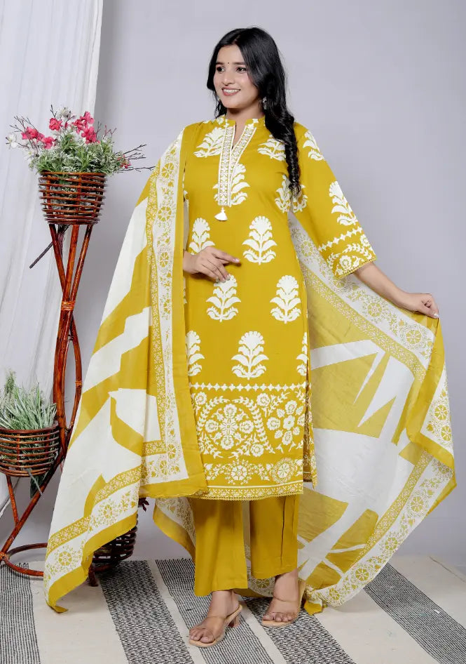 Mustard Cotton Kurti Bottom and Dupatta Set