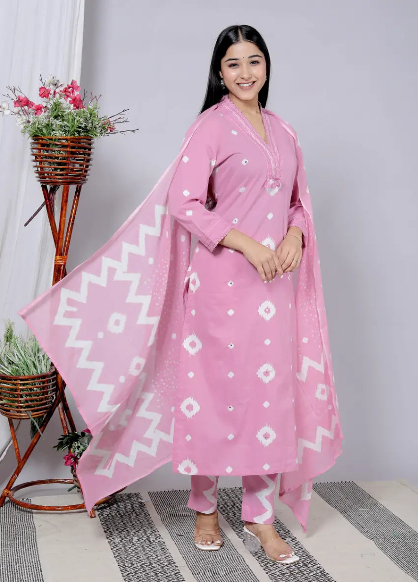 Pink Pure Cotton Kurti Bottom and Dupatta Set