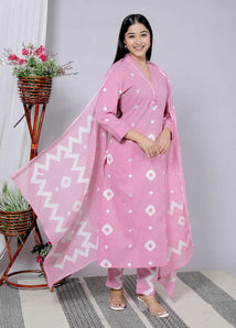 Pink Pure Cotton Kurti Bottom and Dupatta Set