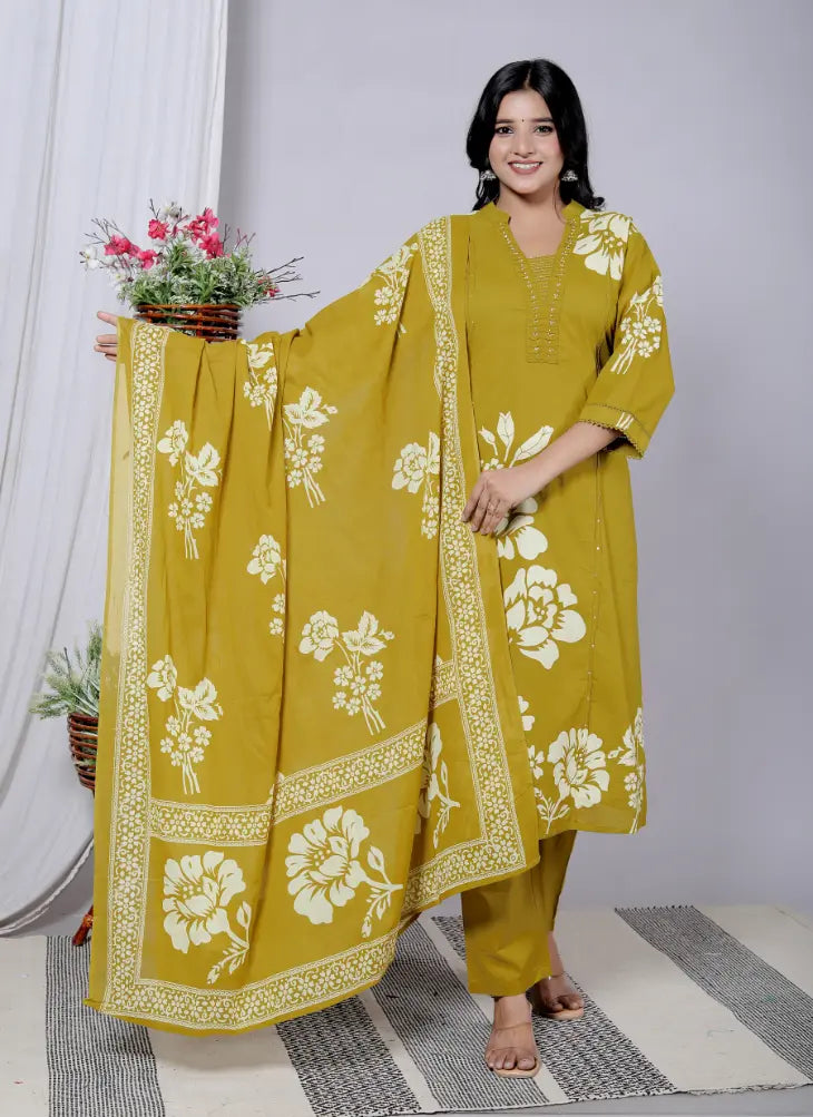 Mustard Pure Cotton Kurti Bottom and Dupatta Set